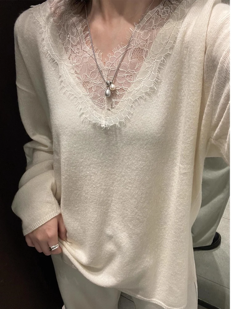 الحلو Faionable فضفاض V-Ne الدانتيل لصق طويل Sve محبوك سترة الخريف جديد وصول المرأة عادية Sle ألياف البوليستر #3