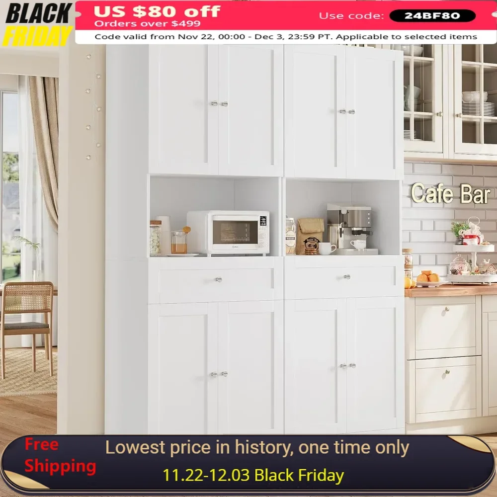 

2 Pcs Tall Kitchen Pantry Storage Cabinet with Doors and Shelves, Kitchen Hutch Cabinets with Storage Drawer & Bar Cabinet