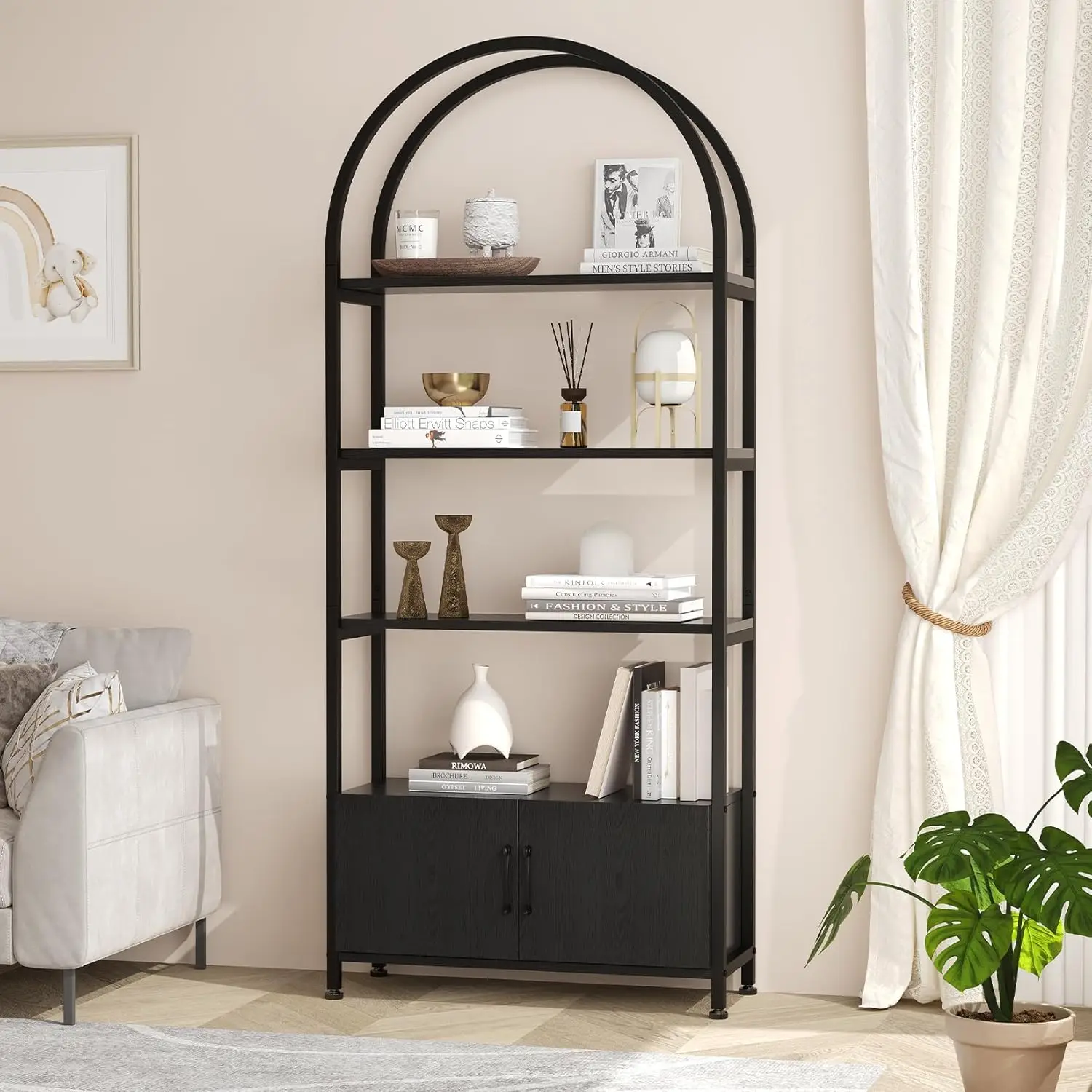 Arched Bookshelf, 4-Tier Bookshelf and Bookcase with Doors Storage, 71.5 Inch Tall Open Bookcase for Living Room Bedroom Office