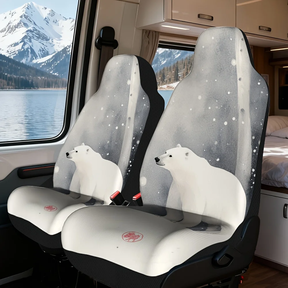 2pcs Car Seat Covers Set, Polar Bear In Snowfall Print, Fashionable Vehicle Seat Covers. Fits Holiday City Tours & Daily Errand