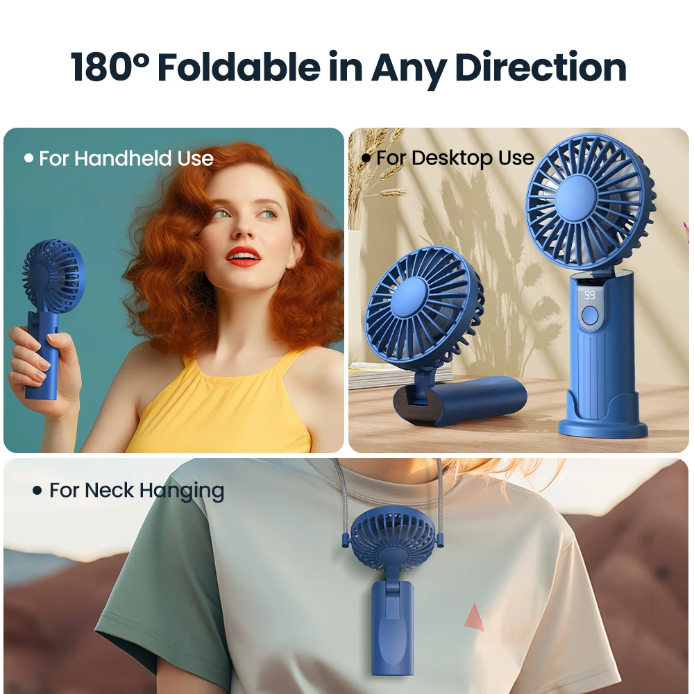TOPK 5000mAh Mini Portable Fan USB Rechargeable Hand Held Fan,Small Pocket Fan 3 Speeds with Lanyard &Base,USB Desk Fan Foldable image 6