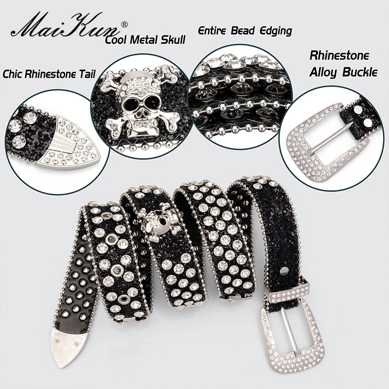 Maikun Women\'s Skull Rhinestone Belt Men\'s European and American Style Pin Buckle Belt Cowboy Style