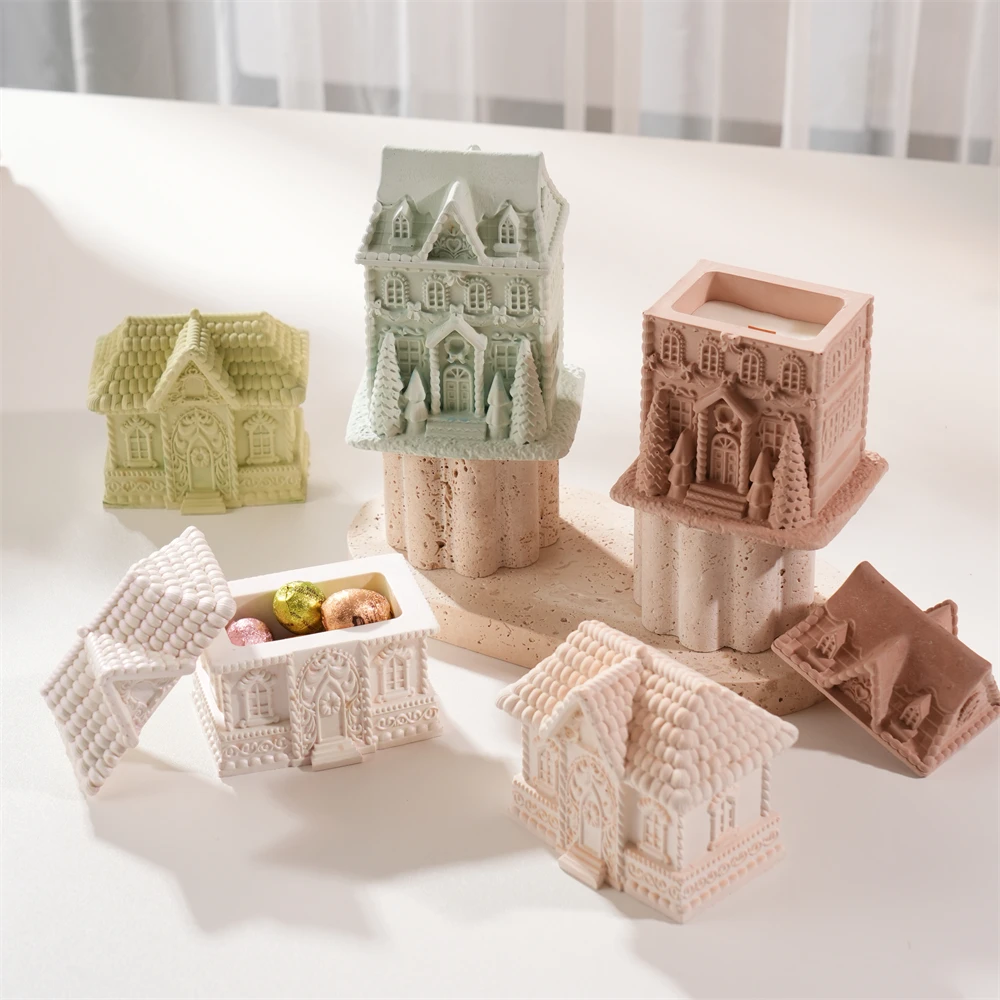 

Gingerbread House Candle Jar Concrete Silicone Mold with Lid Wax Melt Burner Plaster Storage Silicone Mould DIY Home Decoration