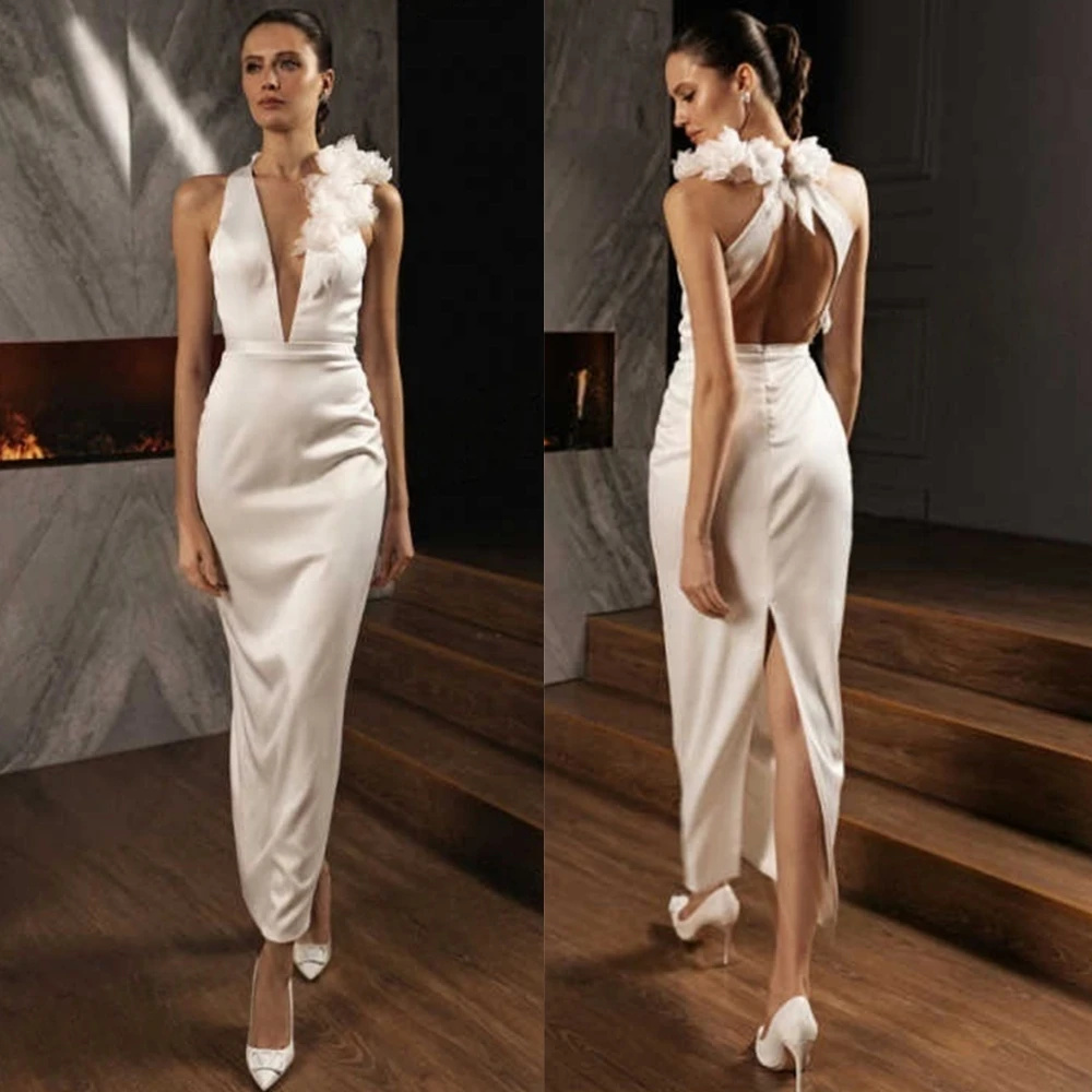 ชุดราตรีคอวีผ้าซาตินที่สง่างามแบบกำหนดเอง ชุดเดรสพรหมแขนกุดที่ละเอียดอ่อน ชุดนางเงือกแบบเปิดหลัง ชุดโอกาสพิเศษ