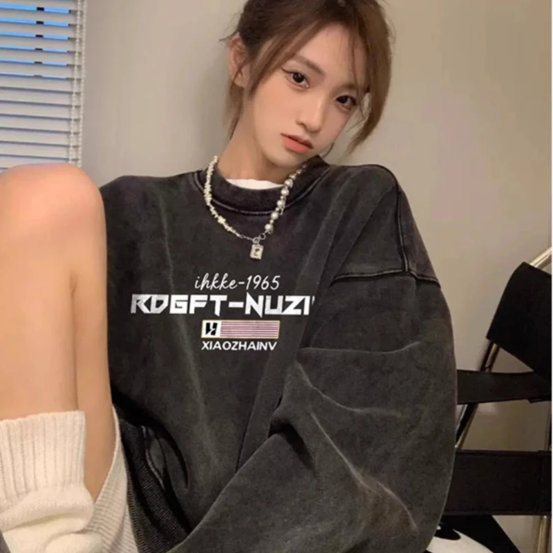 Black Crew Neck Sweatshirt Y2k Cheap Clothes Kpop Hoodie New in Outerwears Long Sleeve Tops Women Clothing Graphic T Shirts