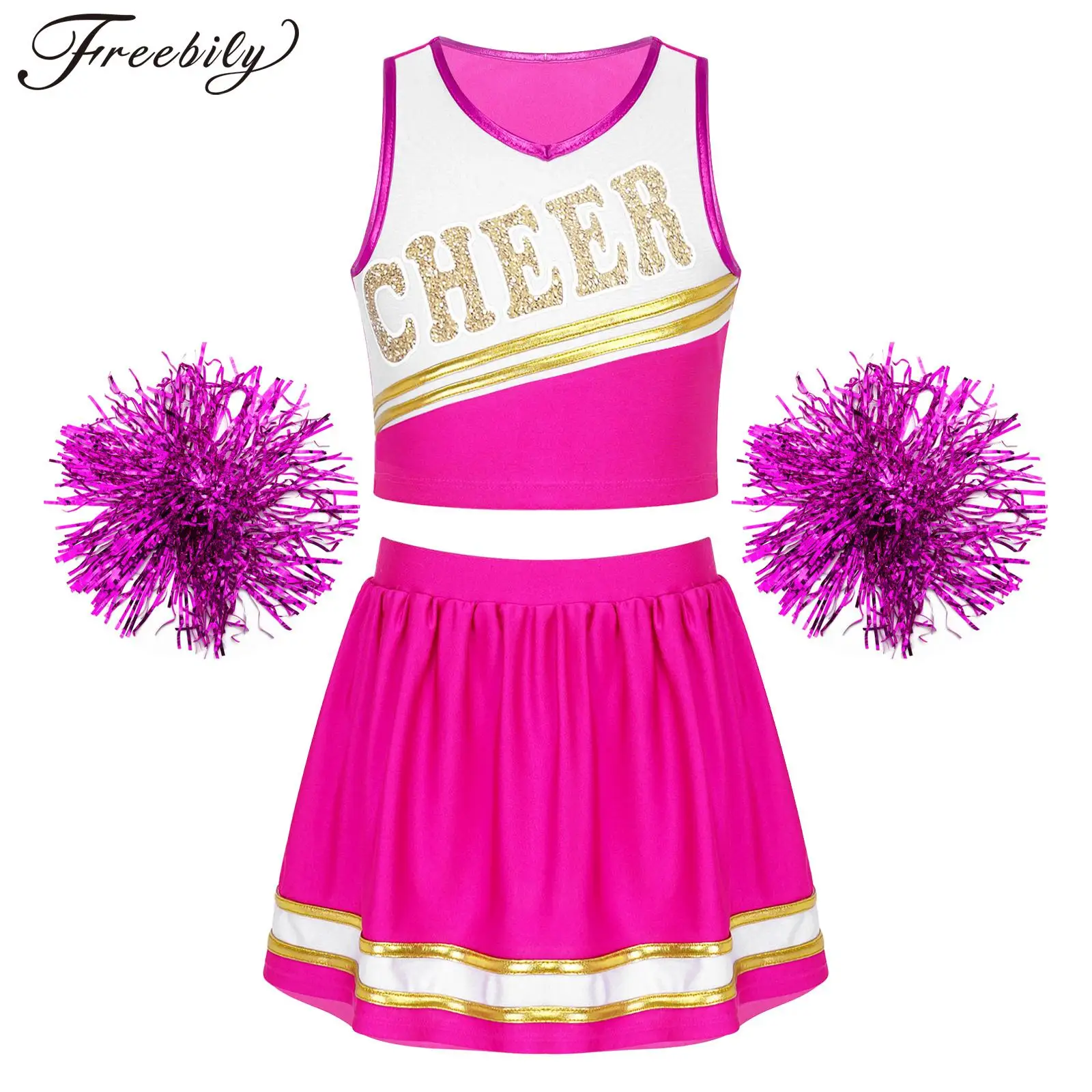 

Kids Girls Cheerleading Uniforms Cheer Leader Costumes Dance Dress Crop Top with A-Line Pleated Mini Skirt Flower Balls Set