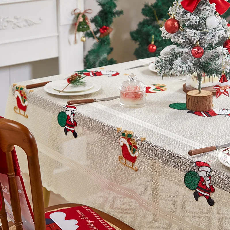 Khaki embroidered cartoon Santa Claus lace tablecloth, Christmas party table cloth cartoon cute style