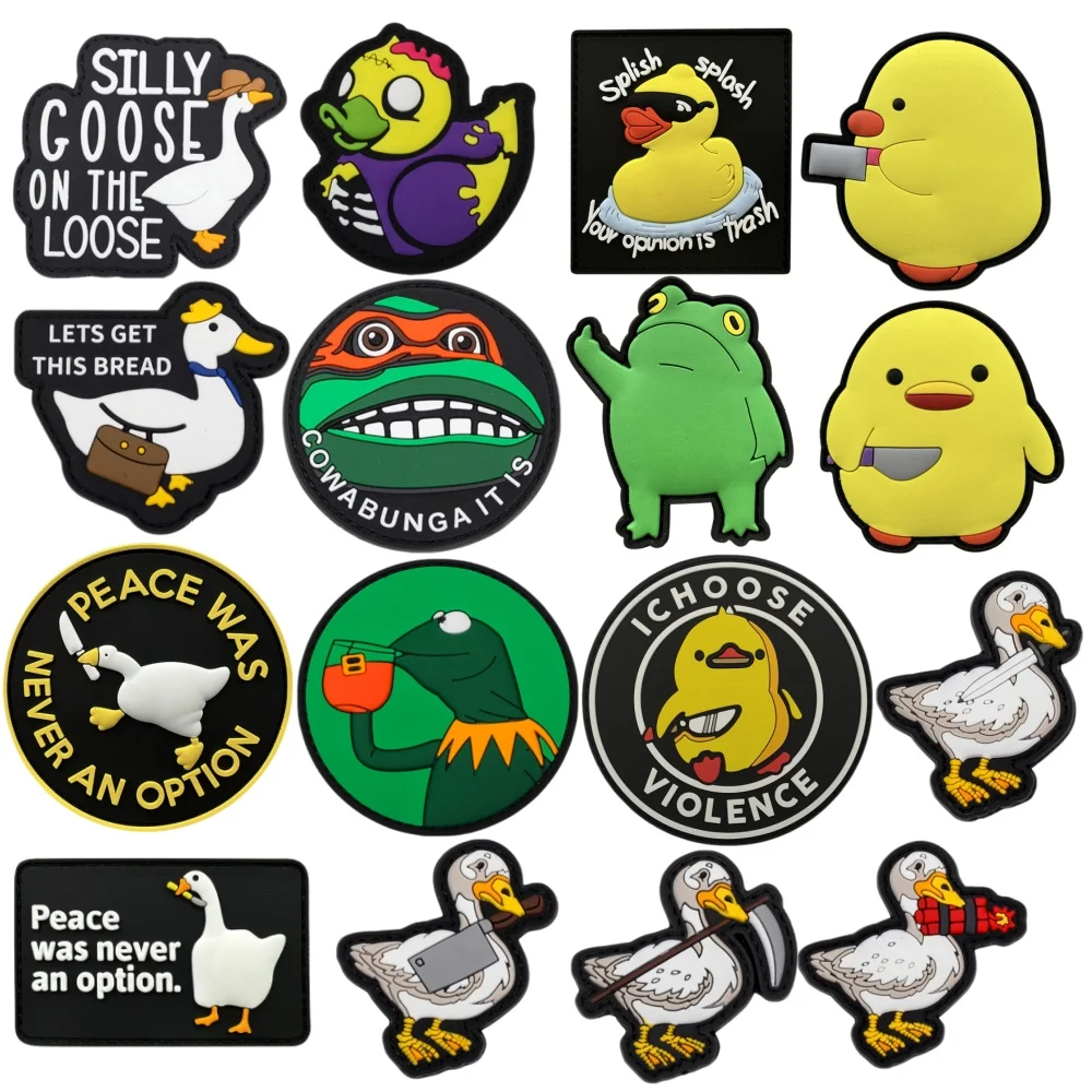 

Violence and Peace Little Yellow Duck Morale Badge PVC Patch Cartoon Goose Frog Tactical Armband Hook and Loop Backpack Sticker