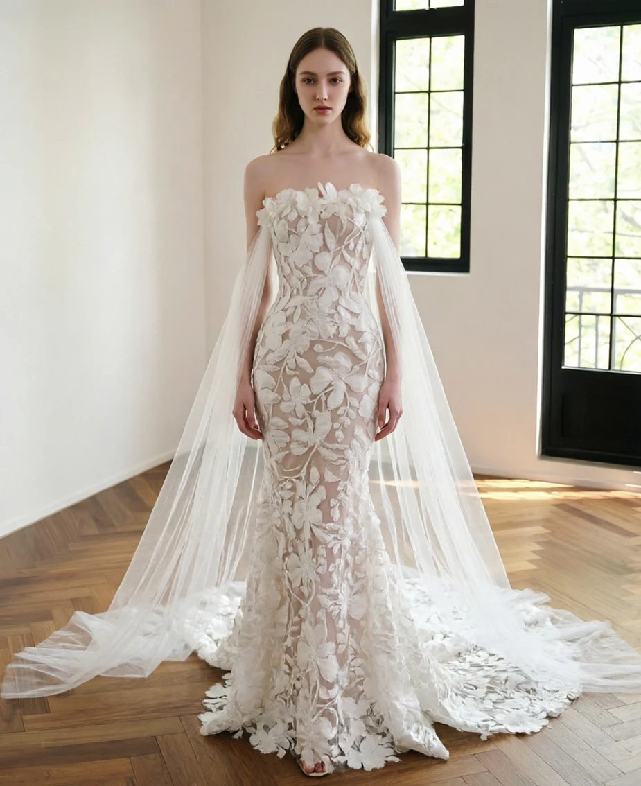 

Customized Strapless Mermaid Wedding Dress 3D Floral Applique Sleeveless Tulle Detachable Sleeves Bridal Gown Vestidos De Novia