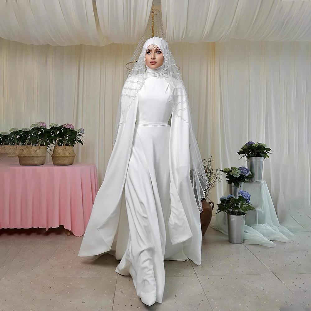 

Muslim Wedding Dresses with Hijab Cape High Neck Long Sleeve Simple Brides Dress Beading Mermaid Satin Bridal Gown Customized
