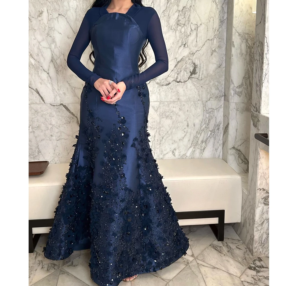 

Customized Exquisite Scalloped Pleats Flowers Crystal Evening Dress Temperament Mermaid Long Sleeves Photo Color Party Gown