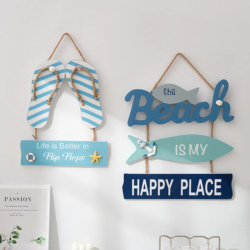 

Lifebuoys-Wooden Hemp Rope Slippers Hanging Tags Letters Fish Wall Hanging Ocean Wind Mediterranean Accessories 1Pc