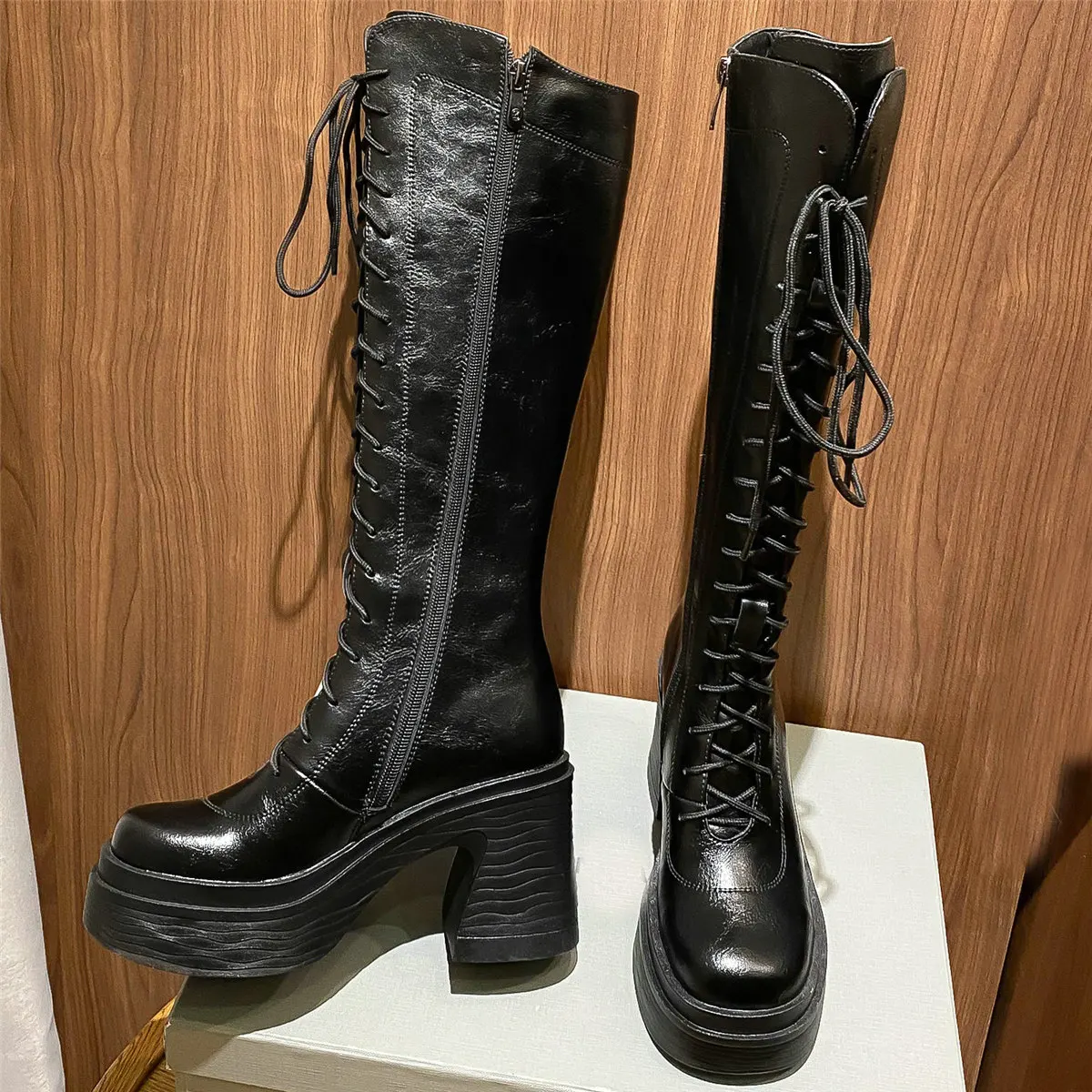 

Lace Up High Heel Creepers Women Genuine Leather Knee High Motorcycle Boots Female Winter Round Toe Platform Pumps Casual Shoes