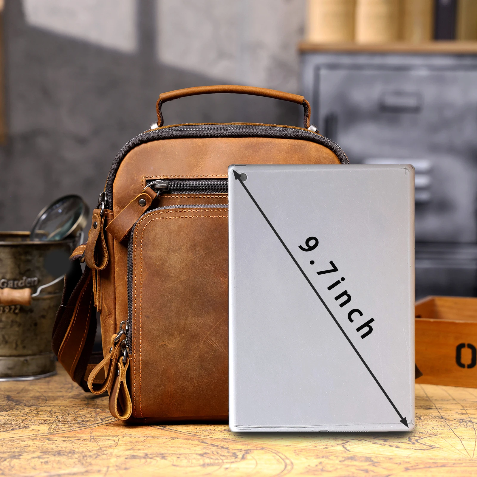Vintage Leder-Umhängetasche für Herren, Lässige Crossbody-Tasche, Herren-Schultertasche aus Crazy-Horse-Leder, Handgefertigt – Detail 14