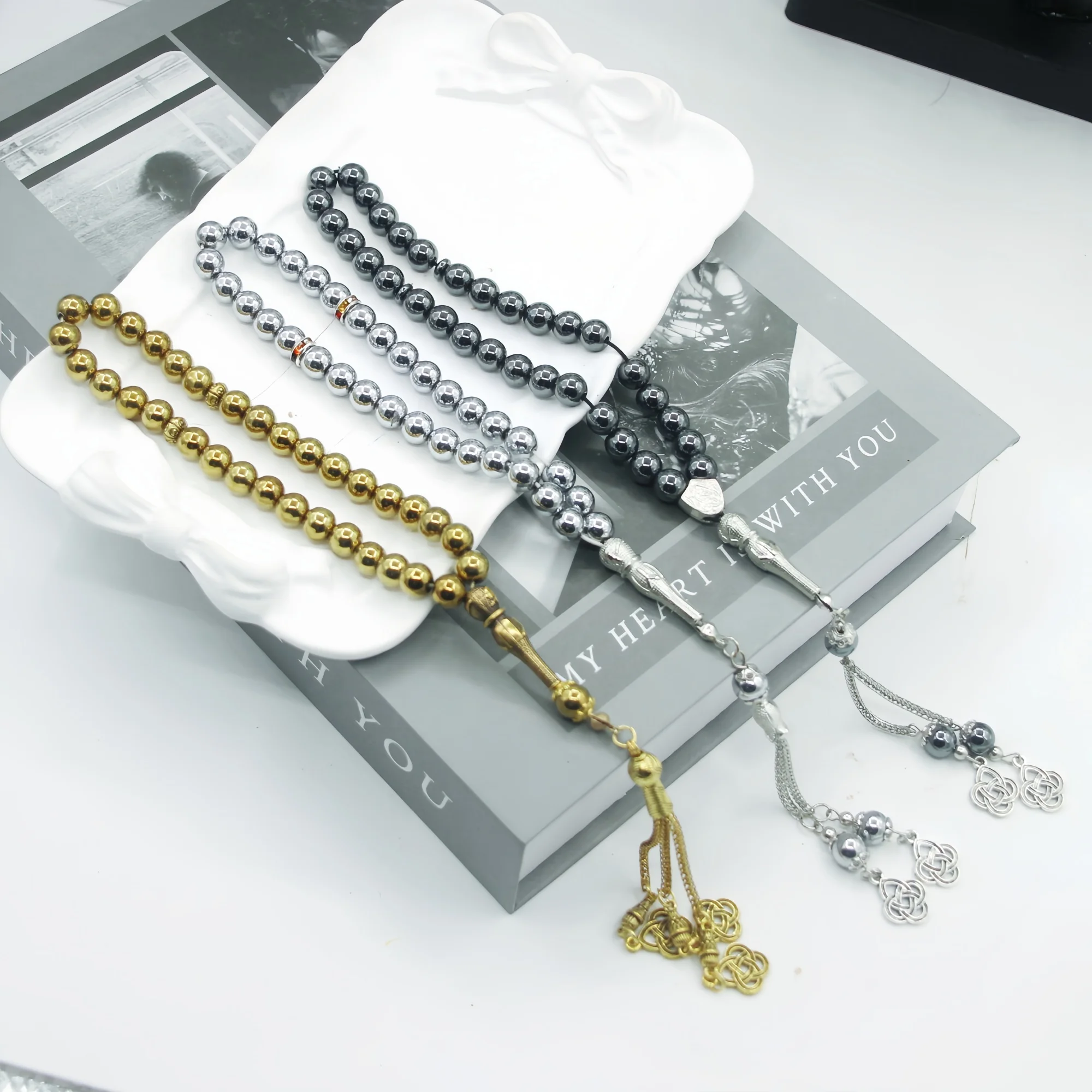 Magnetite 8mm 33-bead bracelet with polished holes to protect cords for durability, portable counting beads for trips