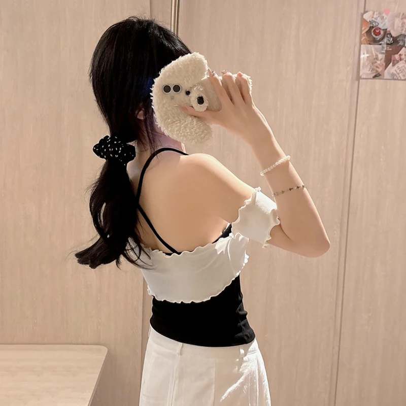 T-shirt estiva Gilet sexy con scollo all'americana + T-shirt a maniche corte con spalle scoperte Set da due pezzi per donna