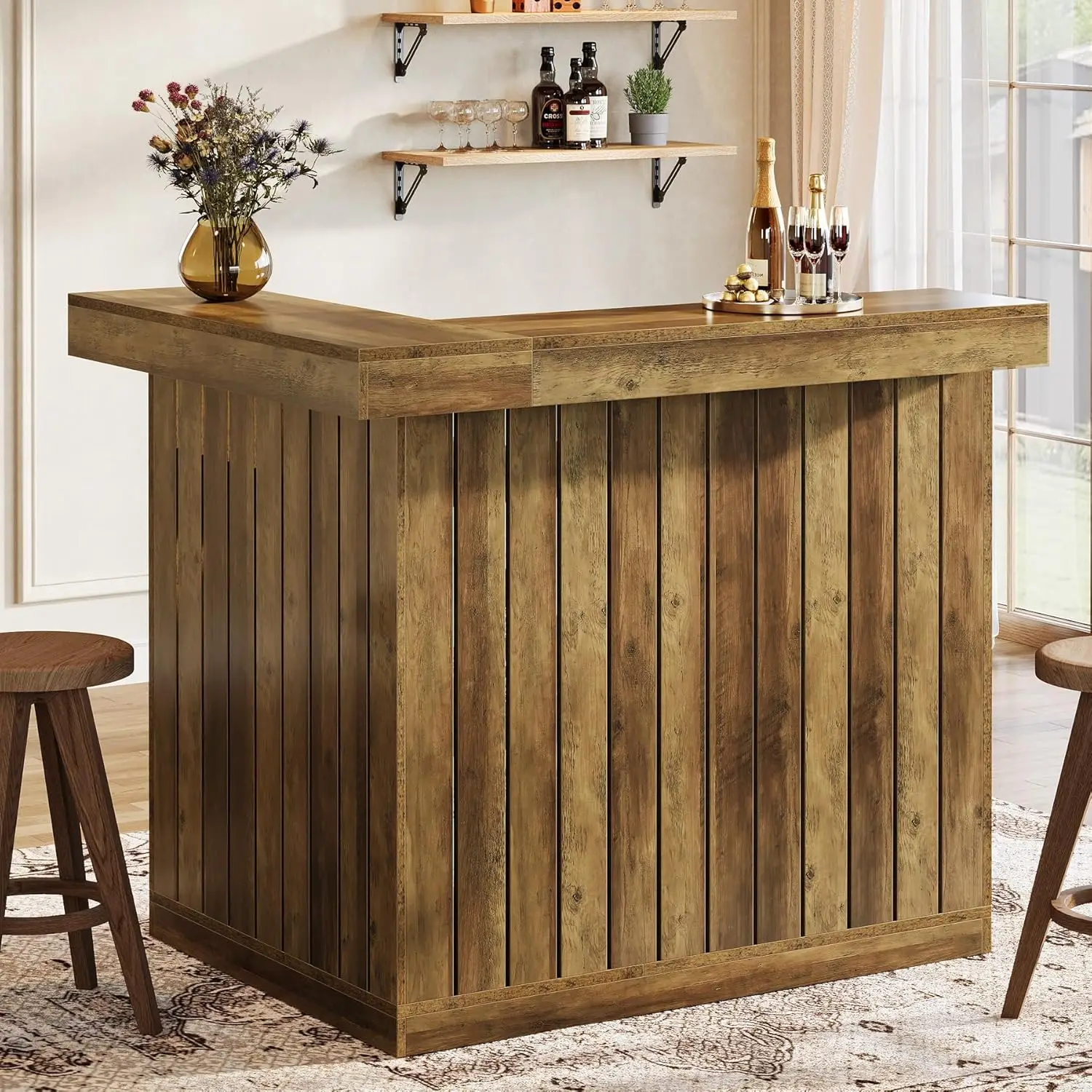 Mesa de Bar em L com 4 Níveis, Prateleira de Canto para Bebidas, Suporte para Taças de Vinho, Armário Industrial, Balcão de Recepção Marrom Personalizado