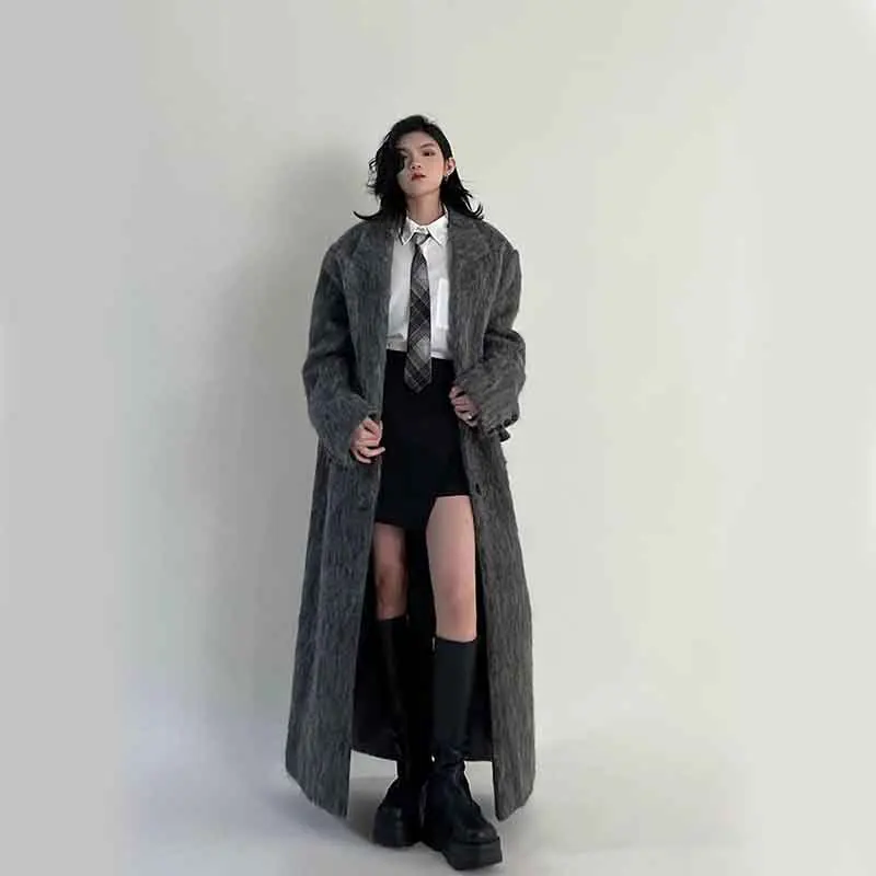 Autumn Korean Women Faux Woolen Coats Y2K Fashion Winter Solid Thicken Long Jacket Female Loose All Match Fluffy Blends Outwear