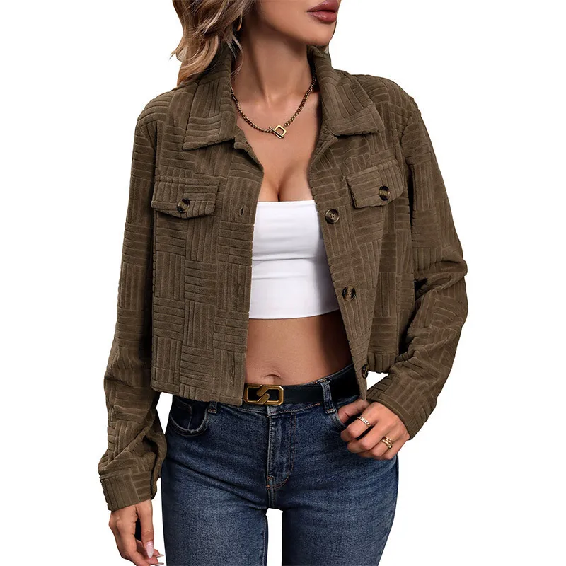 

2025 New Fashion Button Lapel Jacket Jacket Women Autumn Casual Retro Solid Color Long Sleeve Short Top For Women
