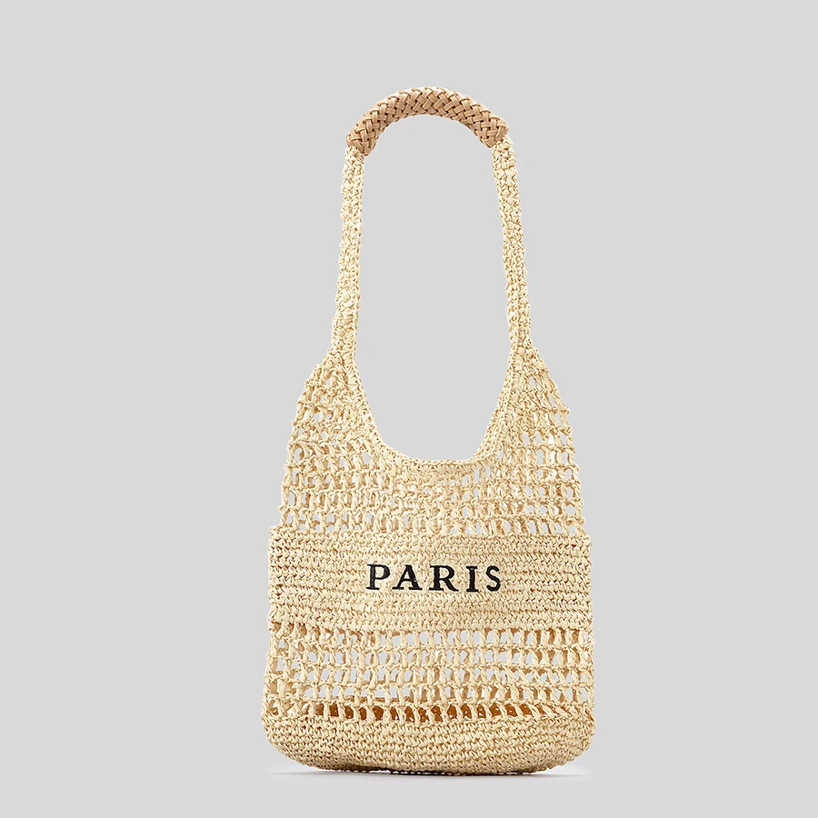 Casual Hollow Straw Women Shoulder Bags Letters Paper Woven Crossbody Bag Handmade Small Tote Female Bali Shopper Purses 2024