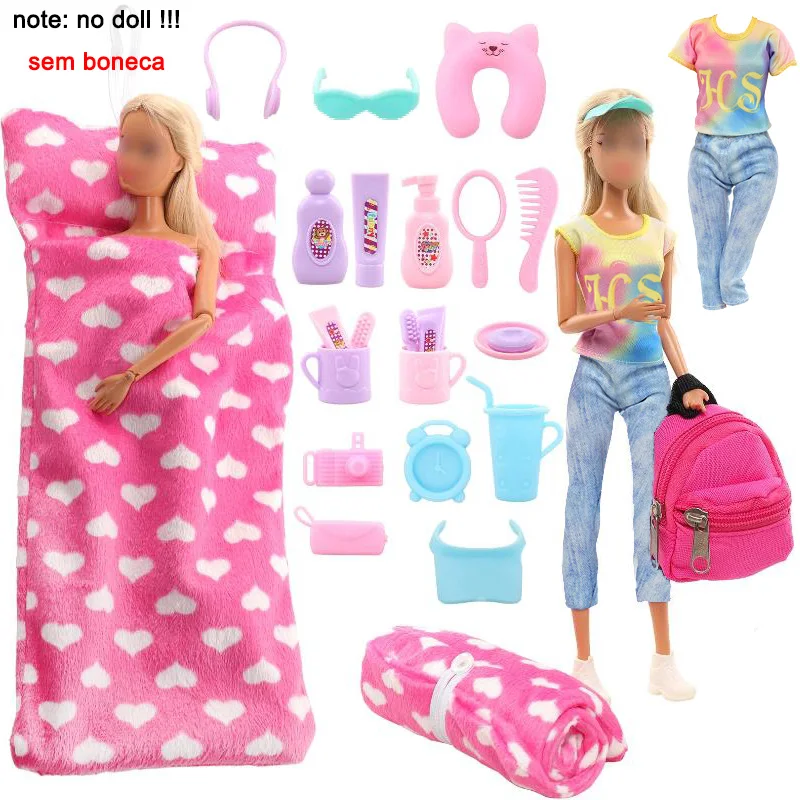 24 Pcs Doll Clothes=1 Sleeping Bag+1 Backpack+13 Wash Accessories+8 Life Accessories+1 Clothes For Girl 11.5inch Doll