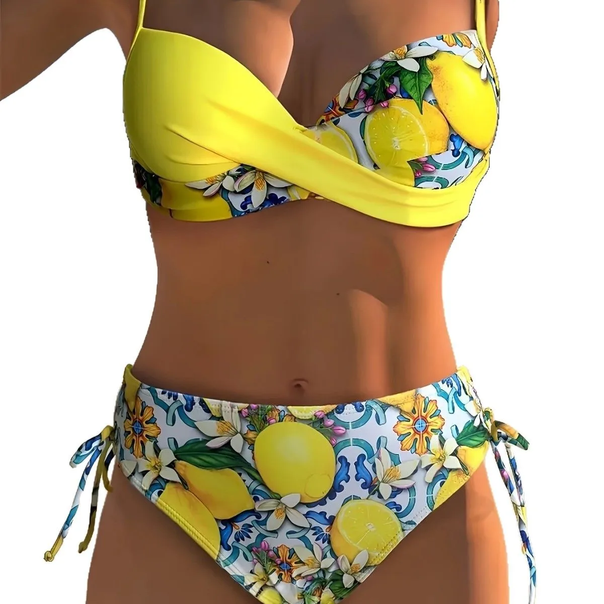Women V Neck Yellow Lemon Print Bikini Set Women's Sexy Two-Piece Swimwear Summer Citrus Beach Swimsuit Holiday Beachwear Women