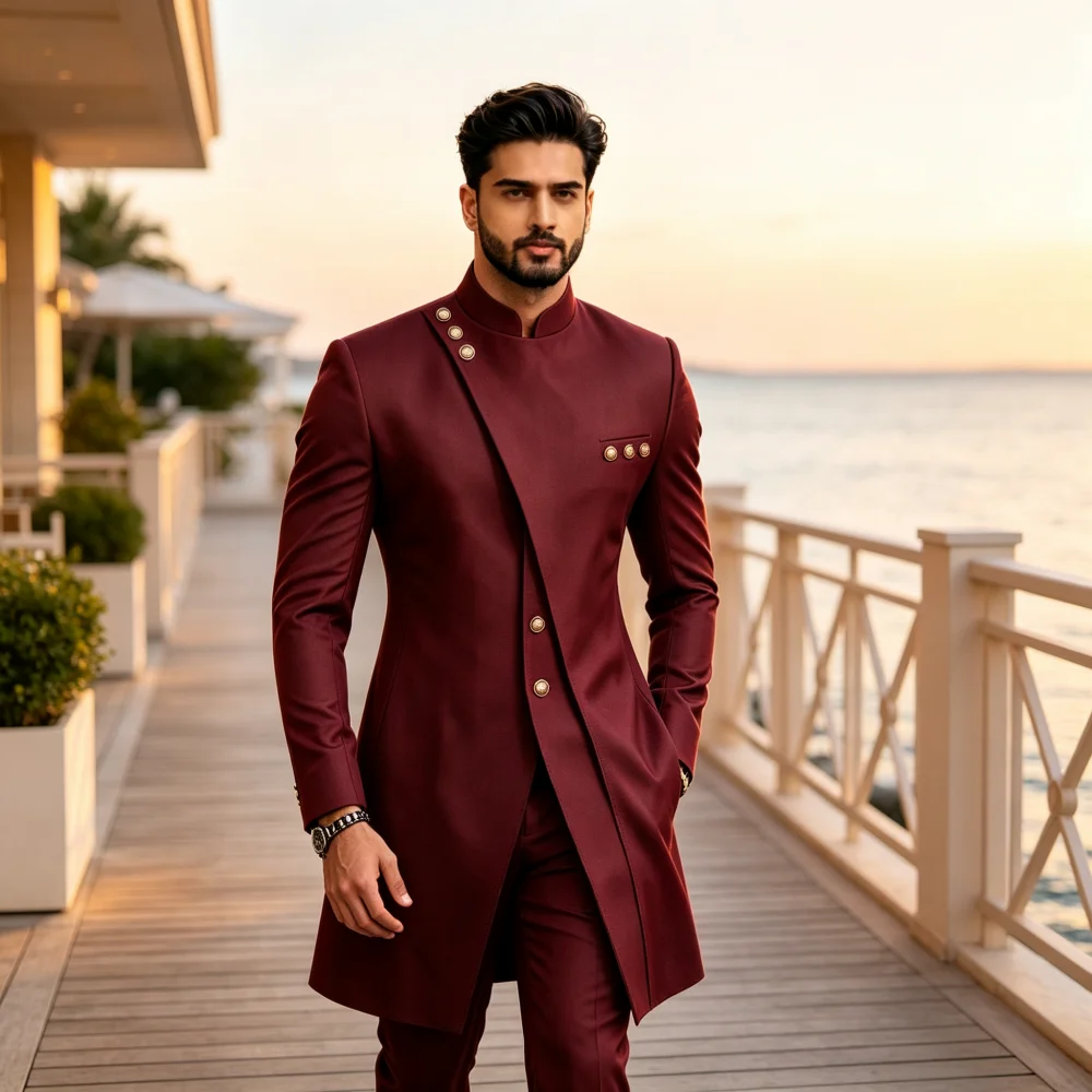 2 Piece Men's Long Suit Stand Collar Asymmetric Buttons Formal Blazer Pants Set Luxury Groom Tuxedo Suit For Wedding Party