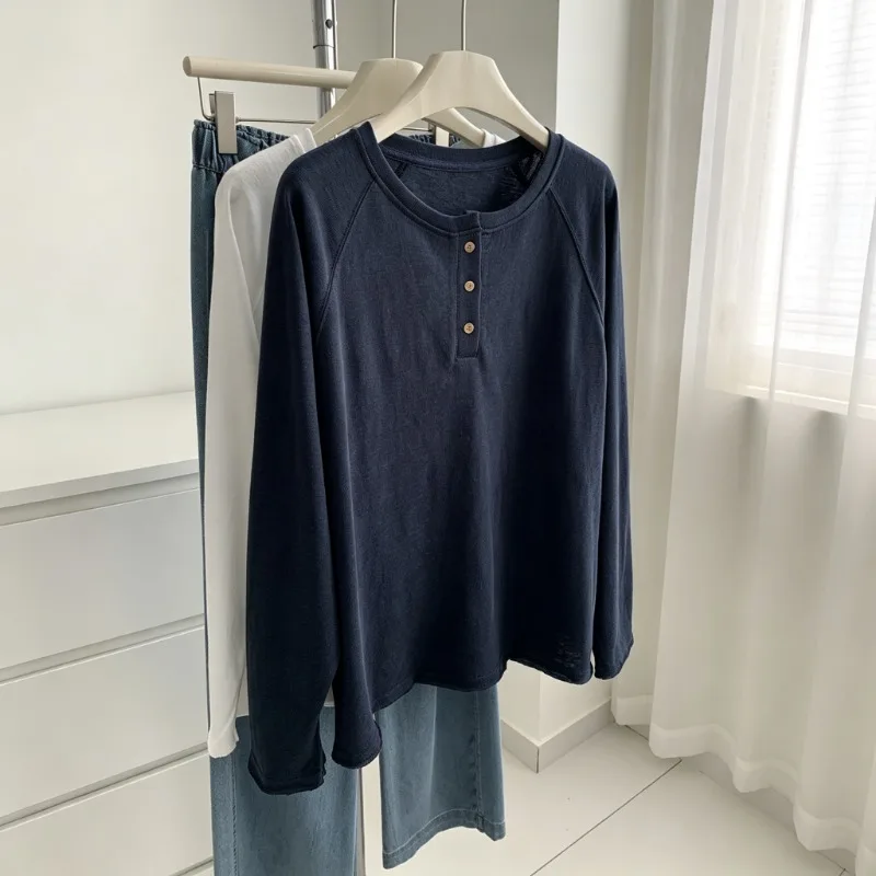 Women Simple Long Sleeve T‑Shirt Autumn Winter Solid Loose Top Casual Button Placket Raglan Sleeve Soft Versatile Daily Blouse