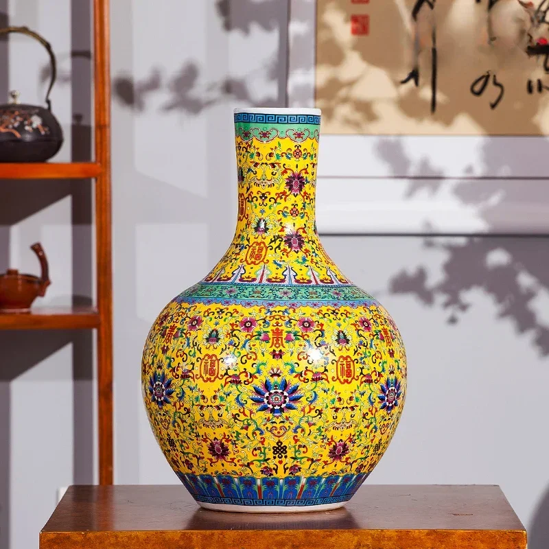 Antique Jingdezhen Ceramic Flower Bottle Enamel Plant Vase Cloisonne Painting Handmade Crafts Living Room Large Decor Ornaments