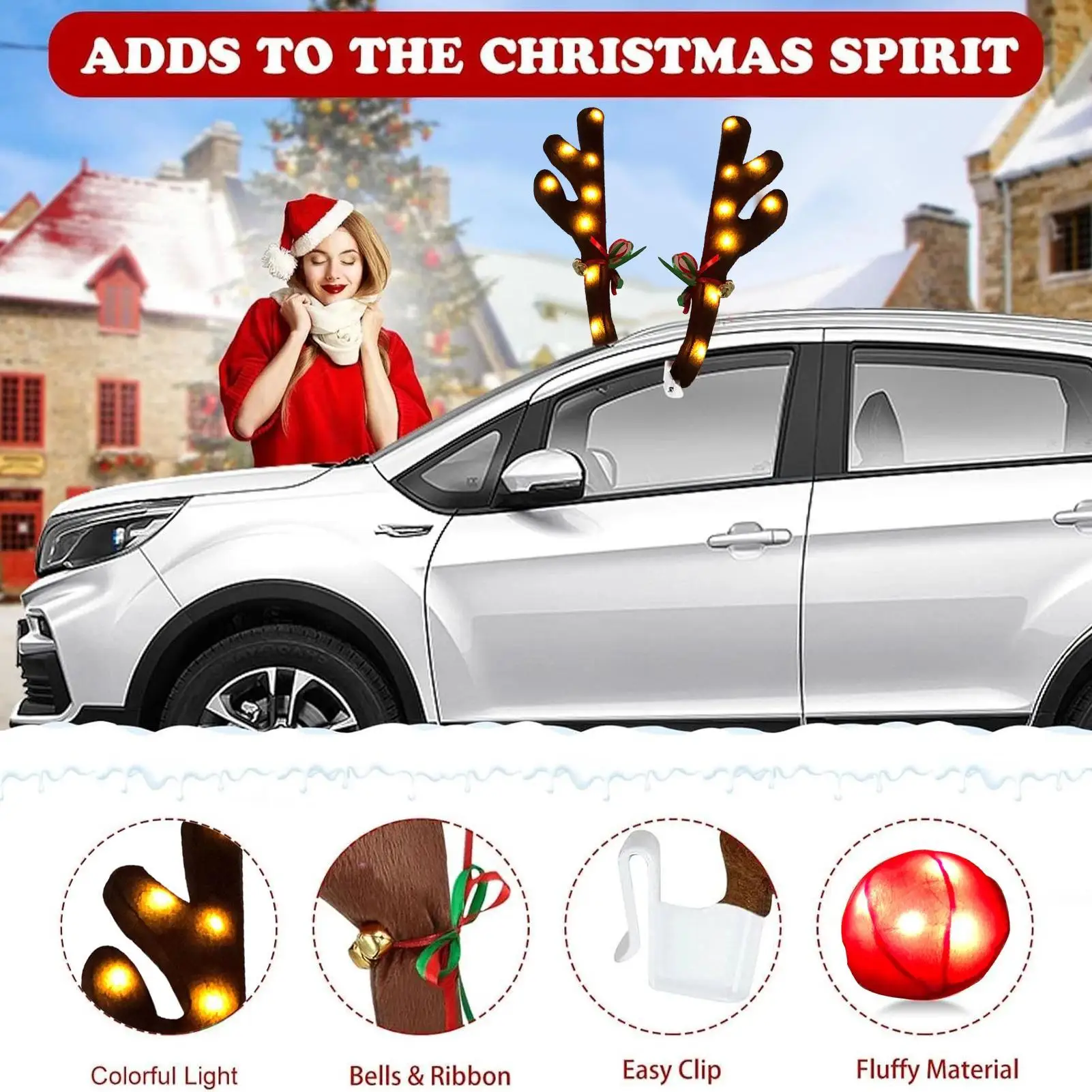 Christmas Lights For Cars LED Cute Home Decorations With Nose And Jingle Bells Christmas Reindeer Decor For Travel Daily Special