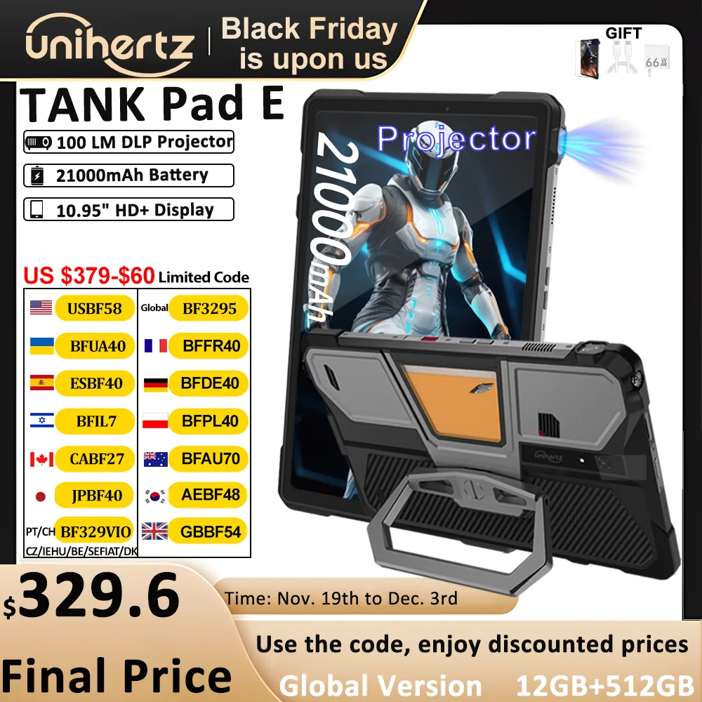 Unihertz 8849 TANK PAD E ラギッドタブレット プロジェクター搭載 21000mAh 120Hz IP68/IP69K 24GB 512GB 66W 10.95インチタブレット Android 14 4G