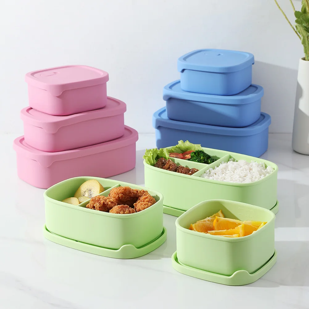 3PCS Rectangular 3 Compartments Silicone Lunch Box Snack Containers With Dual-locking Lids For Microwave Refrigerator