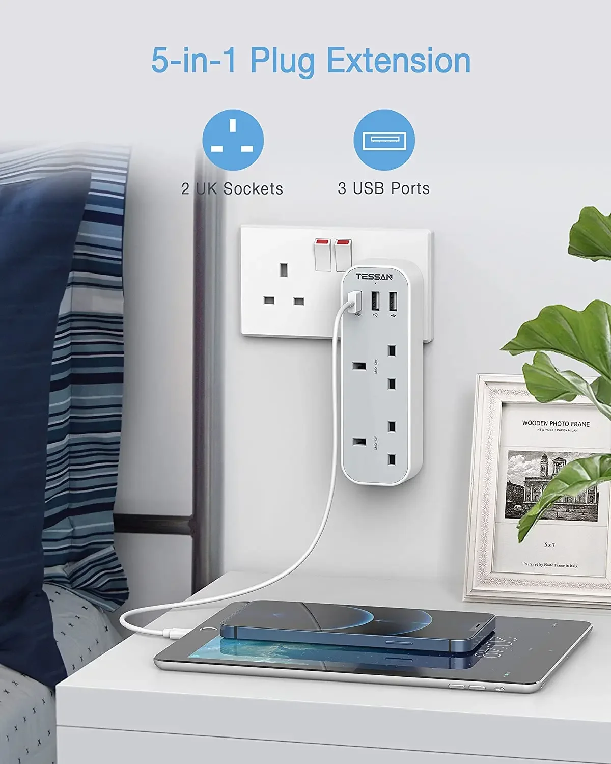 TESSAN 2/3 Way Plugs Extension Multi Sockets with 3 USB Ports(5V/2.4A)Wall Charger Adapter, 13A UK Power Socket for Home, Office