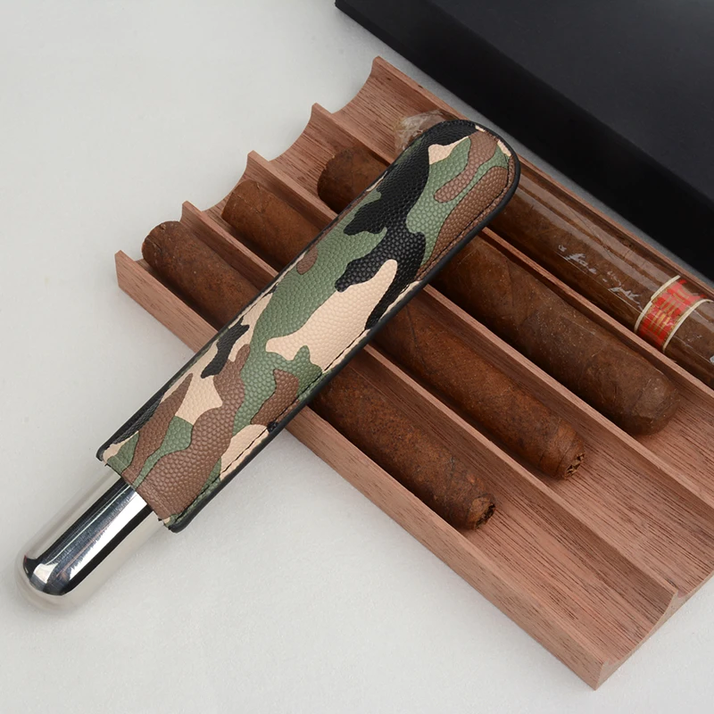 

Leather Cigar Tube Stainless Steel Cigar Holder 20mm Mini Cigar Box Travel Humidor Camouflage Cigar Case Best Smoking Accessory