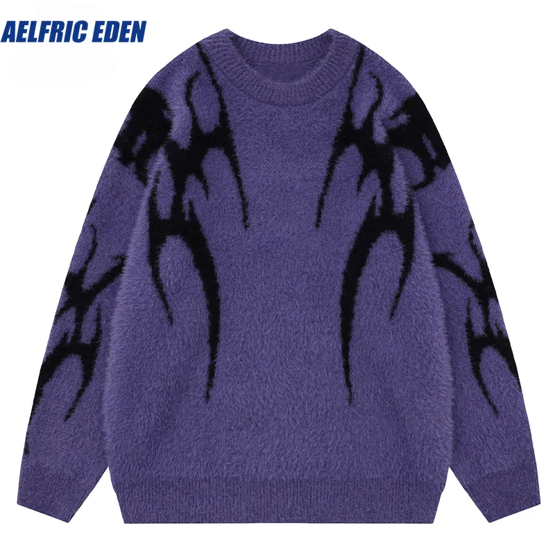 Aelfric Eden Men Sweater Harajuku High Street Winter Warm Knitted Coat Oversized Thorn Pattern Top Loose Gothic Punk Pullover