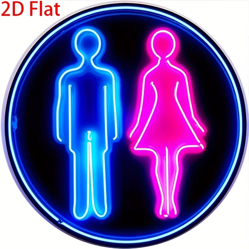 2D Flat - 1pc 2D Flat Print Metal Iron Sign 1pc Neon Restroom Sign - 20.32X20.32 Cm Round Metal Wall Art, Vintage Style with Blu