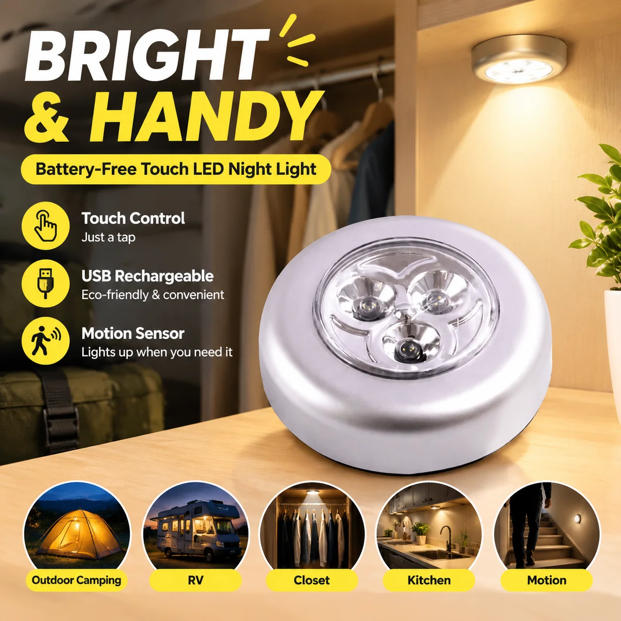 Battery-Free Touch LED Night Light USB Rechargeable Stick-On Wall Lamp for Outdoor Camping RV Closet Kitchen Motion