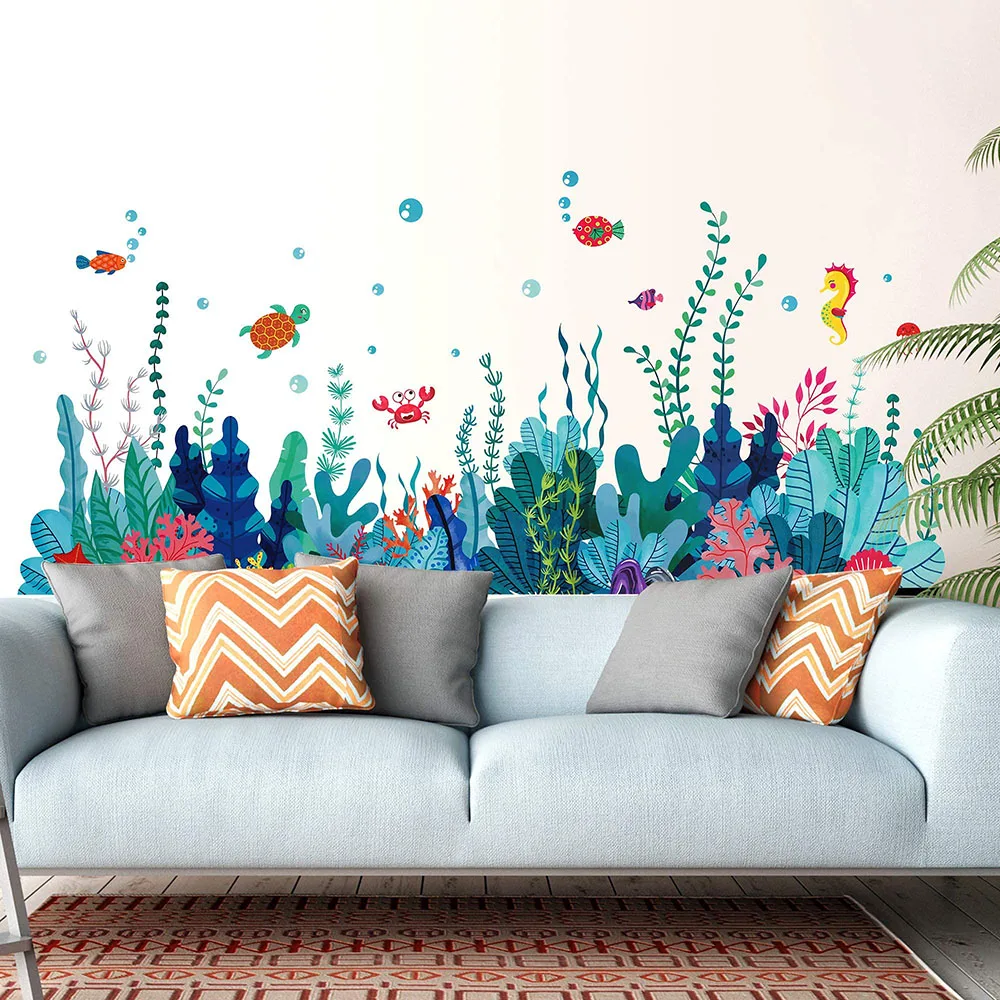 Large Under The Sea Grass Wall Stickers Bathroom Bedroom Coral Seaweed Fish Crab Animal Wall Decals Baby Nursery Corner