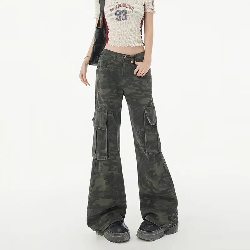 

2025 Cyber Y2K Streetwear Camouflage Baggy Flare Cargo Jeans Pants For Women Clothes Multi Pockets Lady Long Trousers Ropa Mujer