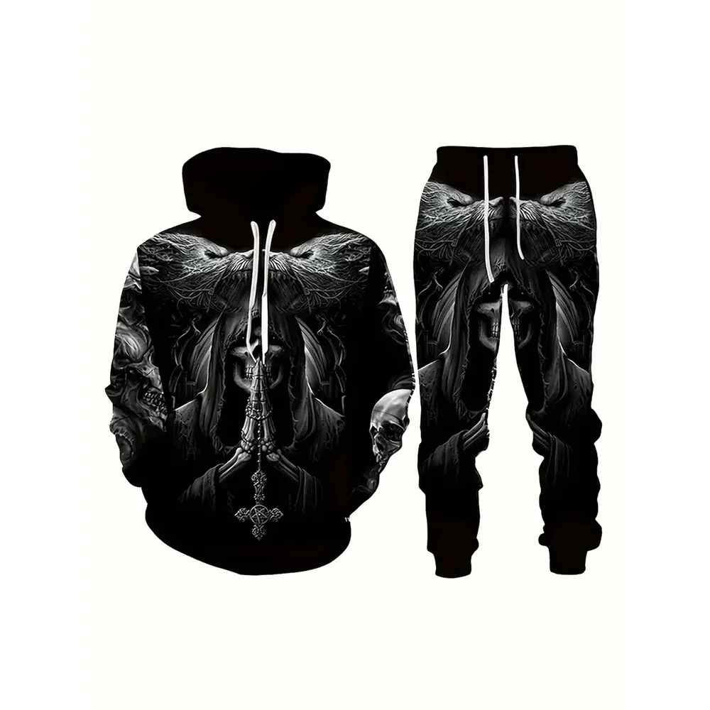 Conjunto de Sudadera con capucha deportiva de estilo de terror con patrón de cráneo de dragón, conjunto de Sudadera con capucha y pantalón de estilo callejero, moda, conjunto de Sudadera con capucha de vanguardia