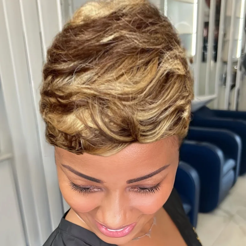 Human Hair Wig Blonde Highlight Short Pixie Cut with Bangs for Daily Wear Full Machine Wig for Women
