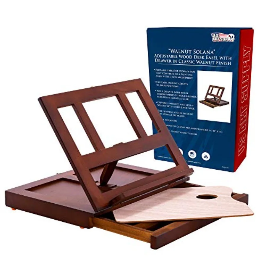 

Walnut Adjustable Wooden Art Easel: Portable Tabletop Easel with Storage 3-Drawers and Paint Palette - Beechwood Table Top Ease