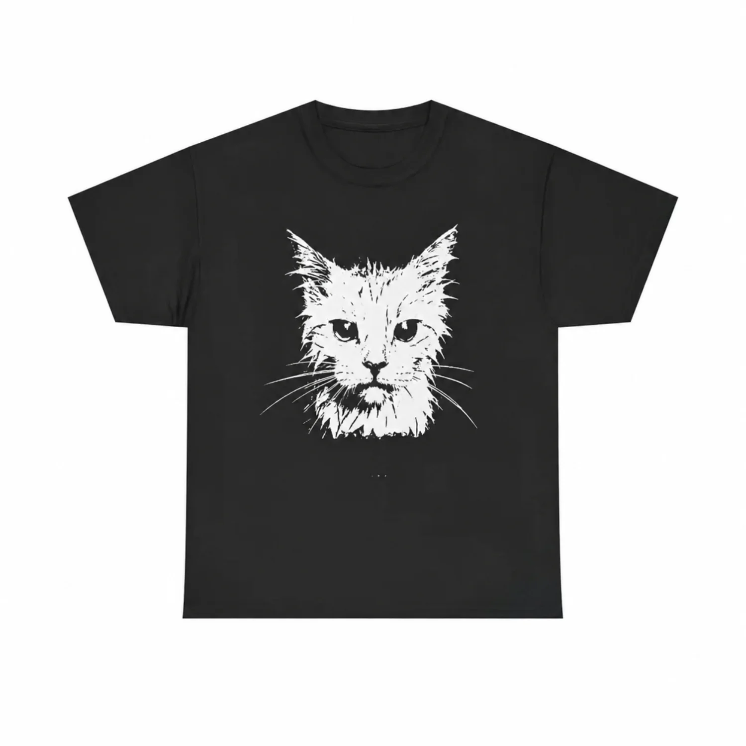 Distressed Wet Cat Face Graphic Black T-Shirt - Unisex Casual Streetwear for Cat Lovers