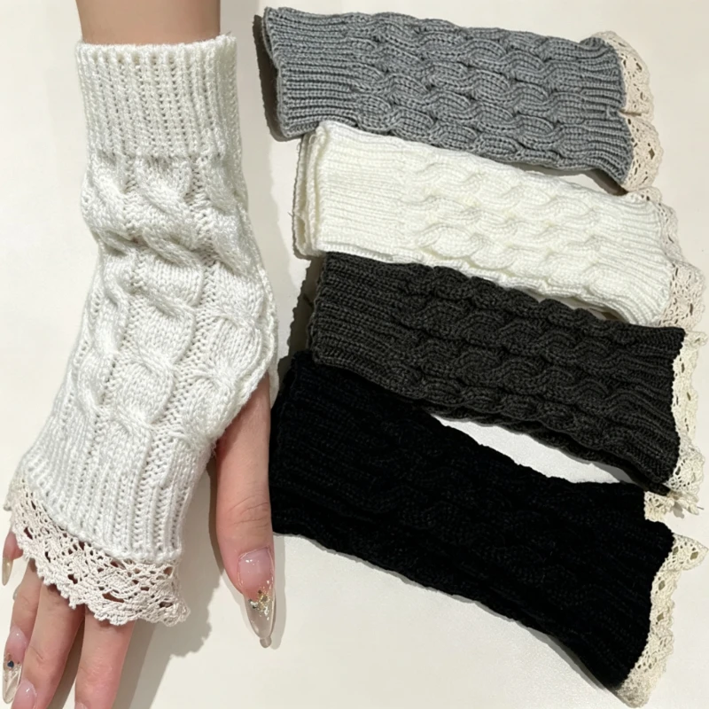 Y2K Women Hollow Lace Fingerless Gloves Soft Stretch Half Finger Knitted Mittens Winter Warm Cosplay Typing Writing Hand Decor