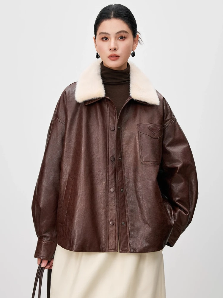 

Natural Mink Fur Collar Genuine Leather Goose Down Jackets Women High-end Simple Vintage Loose Winter Real Sheepskin Down Coat