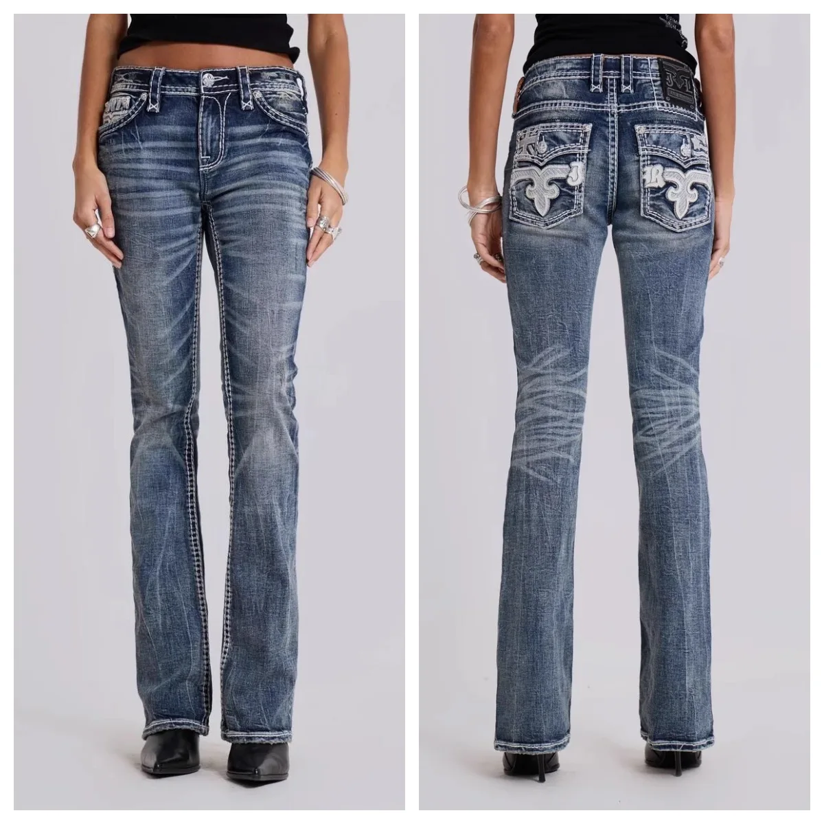 

Jaded London Straight Jeans Heavy Embroidery Slim Stretch Washed Jeans Women