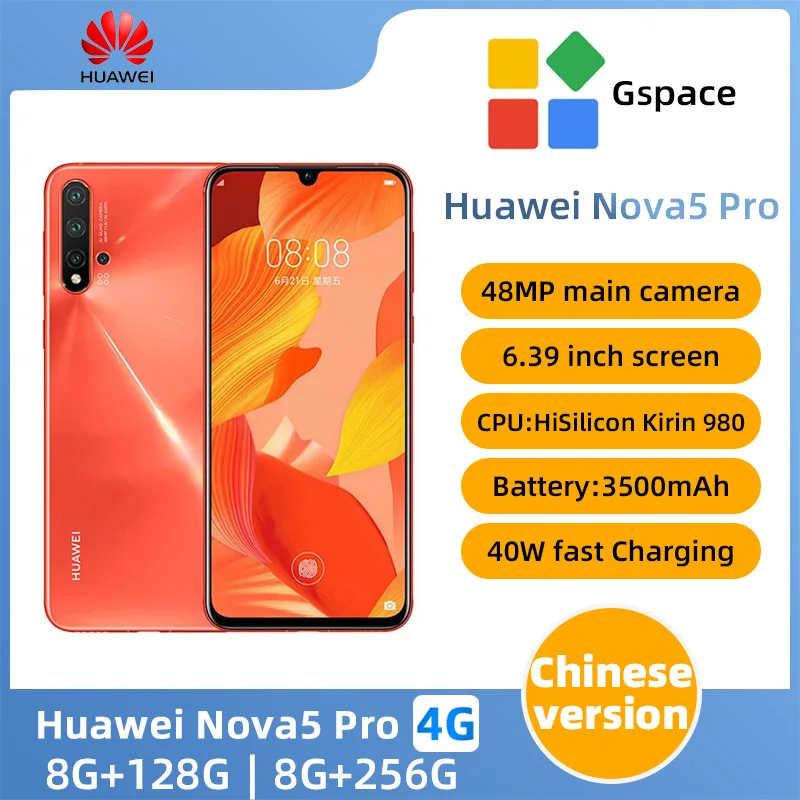 Huawei nova 5 pro 4G SmartPhone CPU HiSilicon Kirin 980 Battery capacity 3500mAh 48MP Camera original used phone