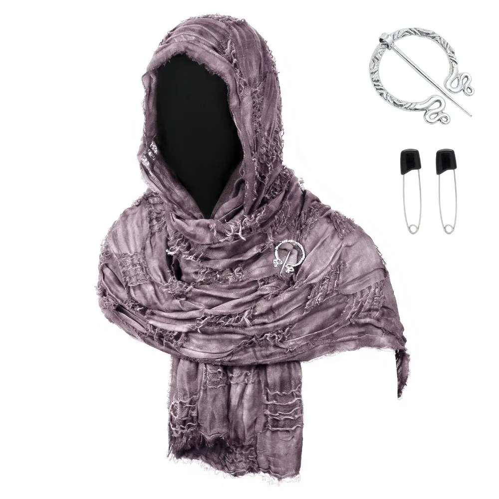 Gothic Distressed Hooded Scarf Polyester Metal Brooch Halloween Viking Cosplay Wrap Costume Accessory Adjustable Medieval Shawl