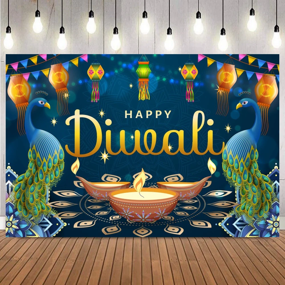 Happy Diwali Photograph Background Indian Tradition Deepavali Peacock Candles Marigold Celebration Party Backdrop Decor Supplies