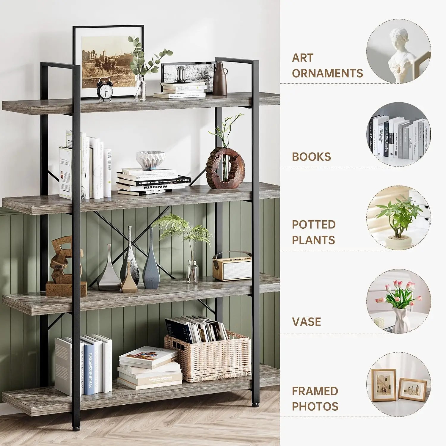 Heavy Duty 4 Tier Industrial Bookcase for Home Office, Grey, Customized